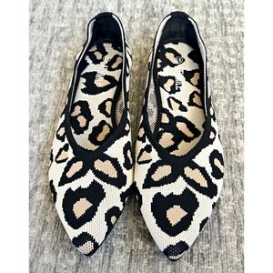 Athmile Womens Beige/Black Knit Animal Print Pointed Toe Slip-On Flats 8.5